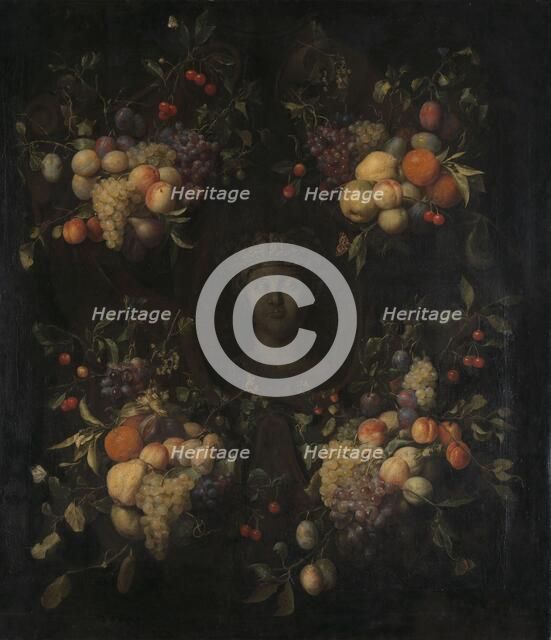 Simulated Sculpted Head of a Woman in a Cartouche Decorated with Swags of Fruit, 1655-1665. Creator: Joris van Son.