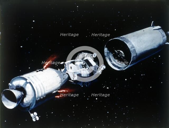 Simulation showing the separation of the component parts of the Apollo 11 spacecraft, 1969. Creator: NASA.