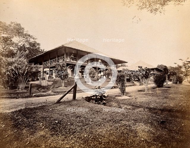 Singapore: a large bungalow for British officers with tropical plants in the garden, 1880. Creator: John Edmund Taylor.