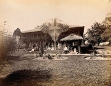 Singapore: a large bungalow with people having drinks in the garden around a large..., 1881. Creator: John Edmund Taylor