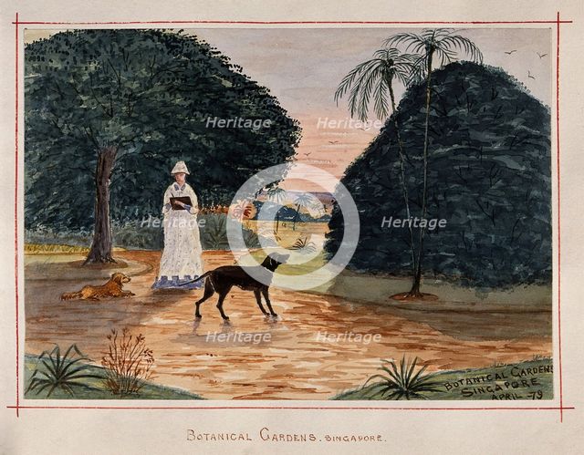 Singapore: a person with dogs in the Botanical Gardens, 1879. Creator: John Edmund Taylor.