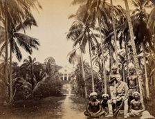 Singapore: a western hunter and native Malays with a background view of the Roman Catholic..., 1880. Creator: John Edmund Taylor
