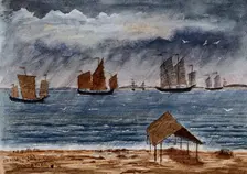 Singapore: Chinese junks in the rain at Tanjong Katong, 1879. Creator: John Edmund Taylor