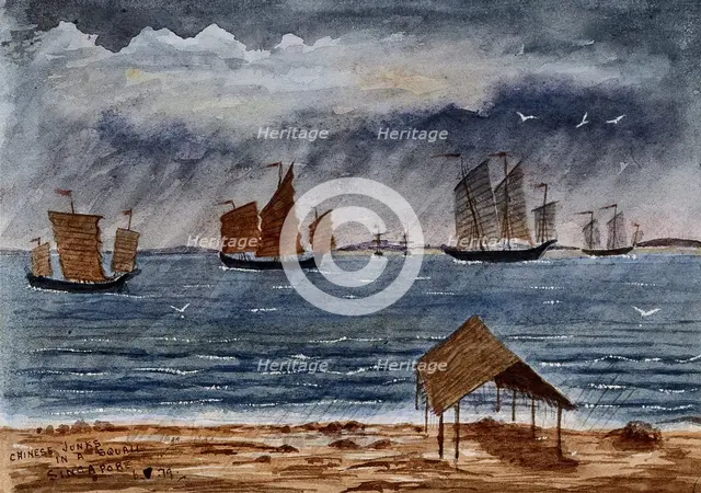 Singapore: Chinese junks in the rain at Tanjong Katong, 1879. Creator: John Edmund Taylor.