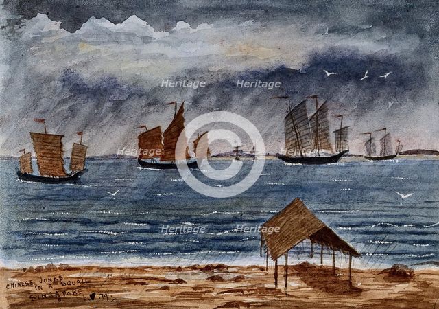 Singapore: Chinese junks in the rain at Tanjong Katong, 1879. Creator: John Edmund Taylor.