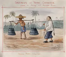 Singapore: two Singaporean men carrying a yoke and smoking pipes, 1879. Creator: John Edmund Taylor