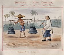 Singapore: two Singaporean men carrying a yoke and smoking pipes, 1879. Creator: John Edmund Taylor