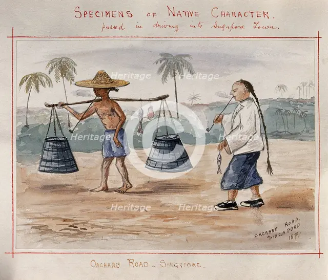 Singapore: two Singaporean men carrying a yoke and smoking pipes, 1879. Creator: John Edmund Taylor.
