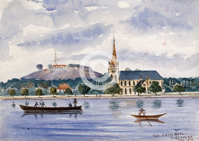 Singapore: view across the harbour to Fort Canning and the cathedral, 1879. Creator: John Edmund Taylor.