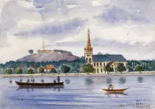 Singapore: view across the harbour to Fort Canning and the cathedral, 1879. Creator: John Edmund Taylor