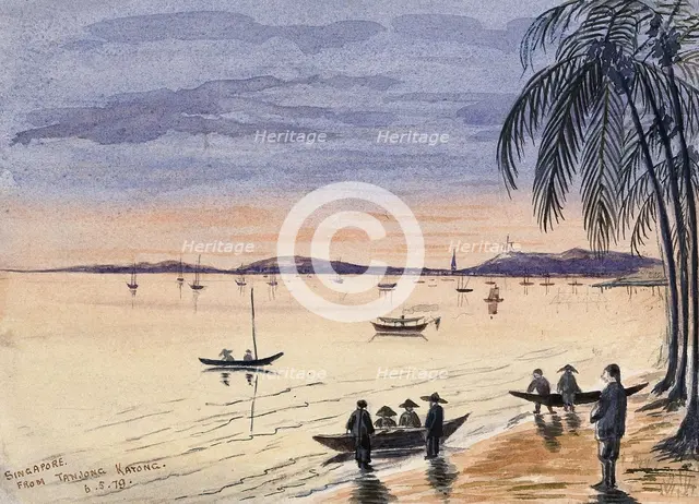 Singapore: view towards Singapore from the beach at Tanjong Katong at sunset, 1879. Creator: John Edmund Taylor.