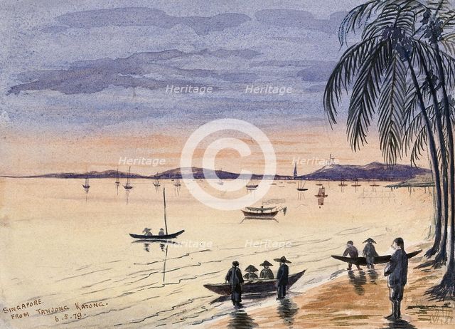 Singapore: view towards Singapore from the beach at Tanjong Katong at sunset, 1879. Creator: John Edmund Taylor.