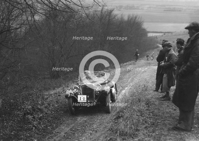 Singer 2-seater sports competing in a trial, Crowell Hill, Chinnor, Oxfordshire, 1930s. Artist: Bill Brunell.