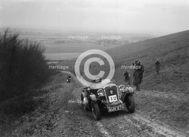 Singer 2-seater sports competing in a trial, Crowell Hill, Chinnor, Oxfordshire, 1930s. Artist: Bill Brunell.