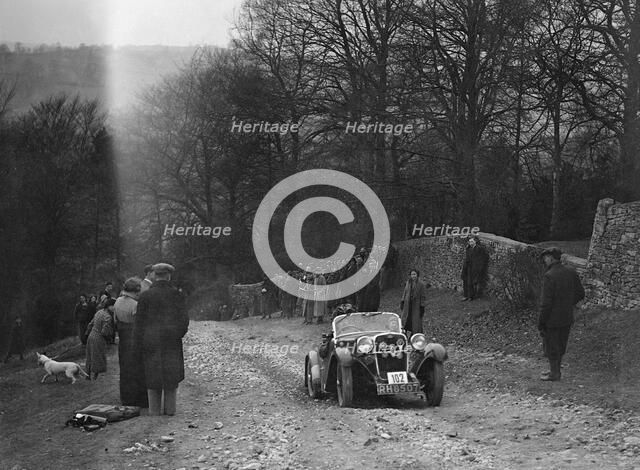 Singer of WDV Norman climbing Nailsworth Ladder, Sunbac Colmore Trial, Gloucestershire, 1934. Artist: Bill Brunell.