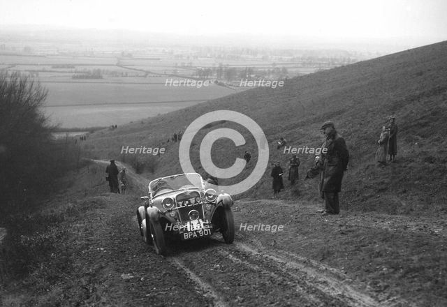 Singer Le Mans competing in a trial, Crowell Hill, Chinnor, Oxfordshire, 1930s. Artist: Bill Brunell.