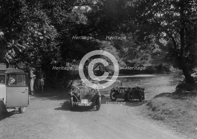Singer Le Mans and MG D type at the Mid Surrey AC Barnstaple Trial, Tarr Steps, Exmoor, 1934. Artist: Bill Brunell.