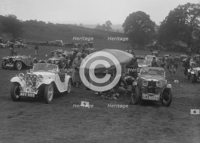 Singer Le Mans and MG J2 at the MG Car Club Rushmere Hillclimb, Shropshire, 1935. Artist: Bill Brunell.