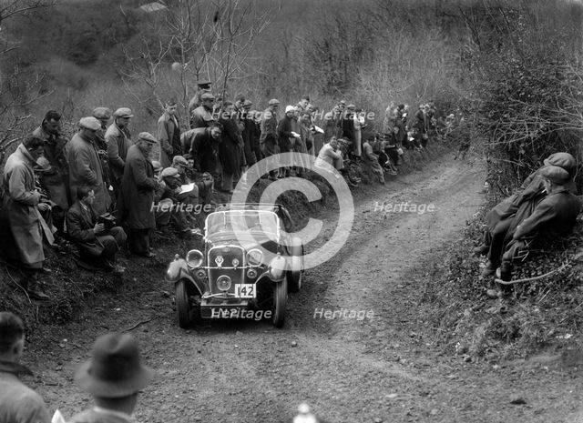 Singer Le Mans of HM Hutton competing in the MCC Lands End Trial, 1935. Artist: Bill Brunell.