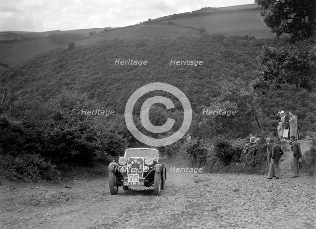 Singer sports competing in the Mid Surrey AC Barnstaple Trial, Beggars Roost, Devon, 1934. Artist: Bill Brunell.