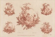 Singerie with Four Vignettes of Dogs Hunting, 1773. Creators: Gilles Demarteau, Jean Baptiste Marie Huet