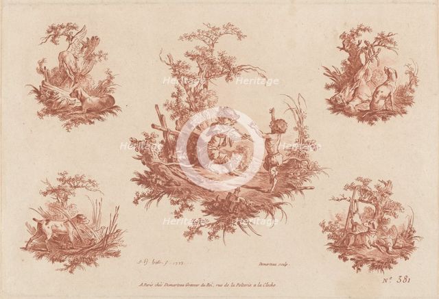 Singerie with Four Vignettes of Dogs Hunting, 1773. Creators: Gilles Demarteau, Jean Baptiste Marie Huet.