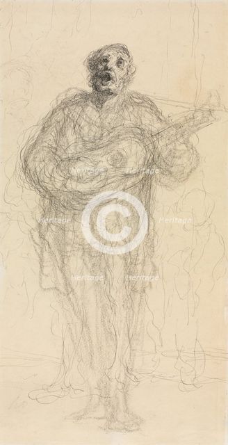 Singing Guitarist (recto); Reclining Woman Leaning on Her Arm (verso), 1855/60. Creator: Honoré Daumier (French, 1808-1879).