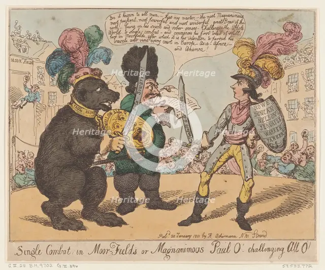 Single Combat in Moor-Fields or Magnamimous Paul O' challenging All O', Januar..., January 30, 1801. Creator: Thomas Rowlandson.