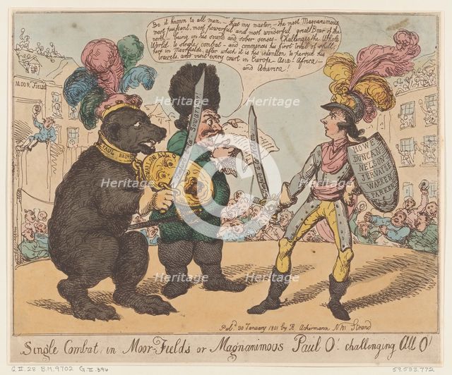 Single Combat in Moor-Fields or Magnamimous Paul O' challenging All O', Januar..., January 30, 1801. Creator: Thomas Rowlandson.