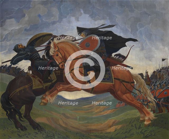 Single combat of Peresvet and Temir-murza on the Kulikovo Field in 1380. Artist: Jacobi, Mavriki Petrovich (1906-1938)