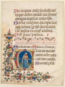 Single Leaf Excised from a Choir Psalter: Initial E[xultate Deo] with King David Playing…, c 1408. Creator: Unknown