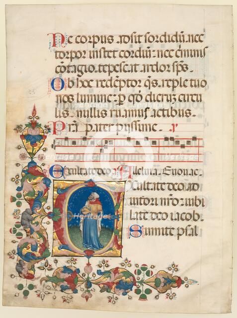 Single Leaf Excised from a Choir Psalter: Initial E[xultate Deo] with King David Playing…, c 1408. Creator: Unknown.