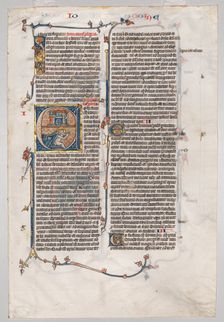 Single Leaf from a Bible: Initial E[t factum est] with Jonah Swallowed by the Whale, c. 1290. Creator: Unknown