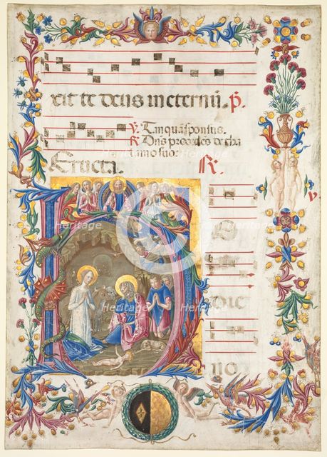 Single Leaf from an Antiphonary: Initial H[odie nobis] with The Nativity, 1471. Creator: Benvenuto di Giovanni (Italian, 1436-1509/17).