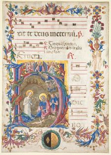Single Leaf from an Antiphonary: Initial H[odie nobis] with The Nativity, 1471. Creator: Benvenuto di Giovanni (Italian, 1436-1509/17)