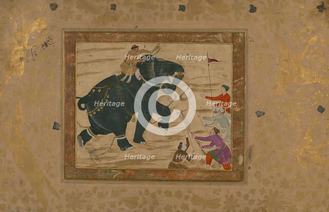 Single Leaf of an Elephant with Mahout Attacking Four Men, late 10th century AH/AD 16th century. Creator: Unknown.