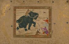 Single Leaf of an Elephant with Mahout Attacking Four Men, late 10th century AH/AD 16th century. Creator: Unknown
