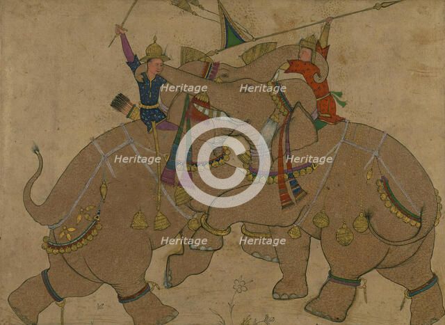 Single Leaf of Elephant Combat, 13th century AH/AD 19th century. Creator: Unknown.