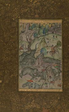 Single Leaf of Elephants on a River Bank, late 10th century AH/AD 16th-early 11th century AH... Creator: Unknown