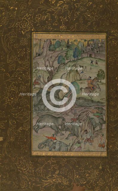 Single Leaf of Elephants on a River Bank, late 10th century AH/AD 16th-early 11th century AH... Creator: Unknown.