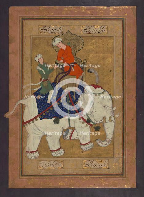 Single Leaf of Two Young Men Riding a White Elephant, early 11th century AH/AD 17th century. Creator: Unknown.