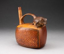 Single Spout Rectangular Vessel with Sculpted Frog and Textile-like Motifs, A.D. 500/800. Creator: Unknown