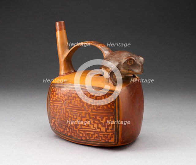 Single Spout Rectangular Vessel with Sculpted Frog and Textile-like Motifs, A.D. 500/800. Creator: Unknown.