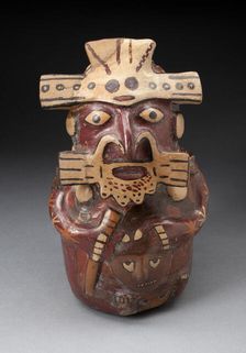 Single Spout Vessel in the Form of a Seated Figure Wearing Mask and Headdress..., 180 B.C./A.D. 500. Creator: Unknown