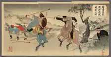 Sino-Japanese War: Two Generals at the Battle of Fenghuangcheng (Nisshin gekisen ryosho..., 1894. Creator: Yosai Nobukazu