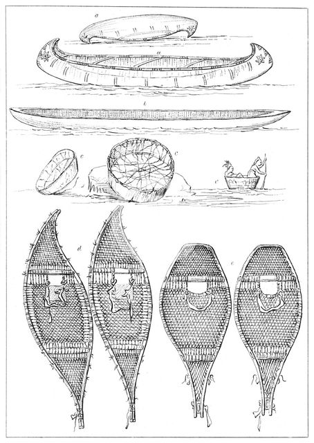 Sioux canoes and Chippewa snowshoes, 1841.Artist: Myers and Co