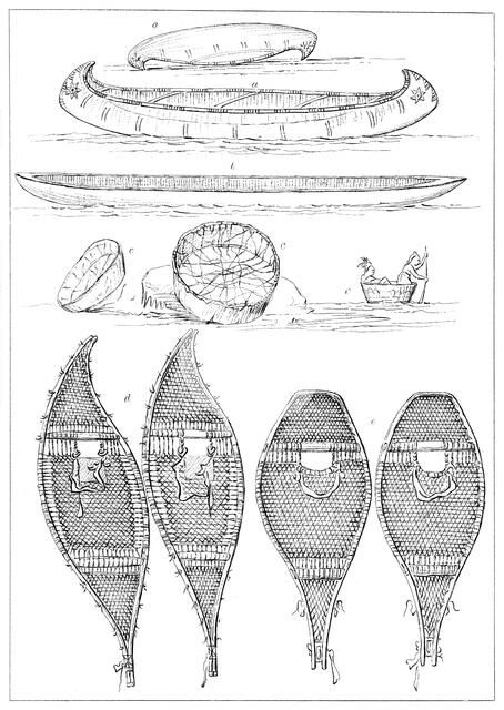 Sioux canoes and Chippewa snowshoes, 1841.Artist: Myers and Co