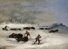 Sioux Indians on Snowshoes Lancing Buffalo, 1846-1848. Creator: George Catlin