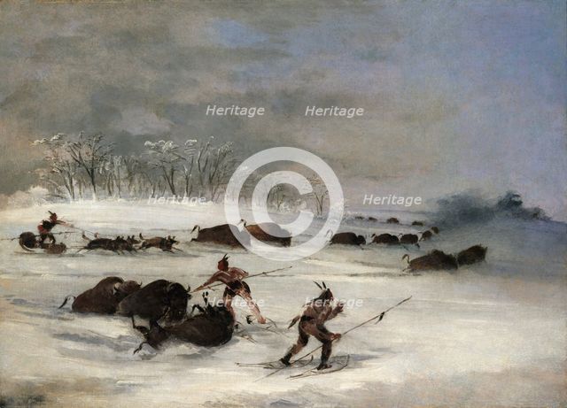 Sioux Indians on Snowshoes Lancing Buffalo, 1846-1848. Creator: George Catlin.