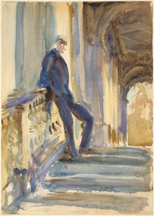 Sir Neville Wilkinson on the Steps of the Palladian Bridge at Wilton House, 1904/1905. Creator: John Singer Sargent